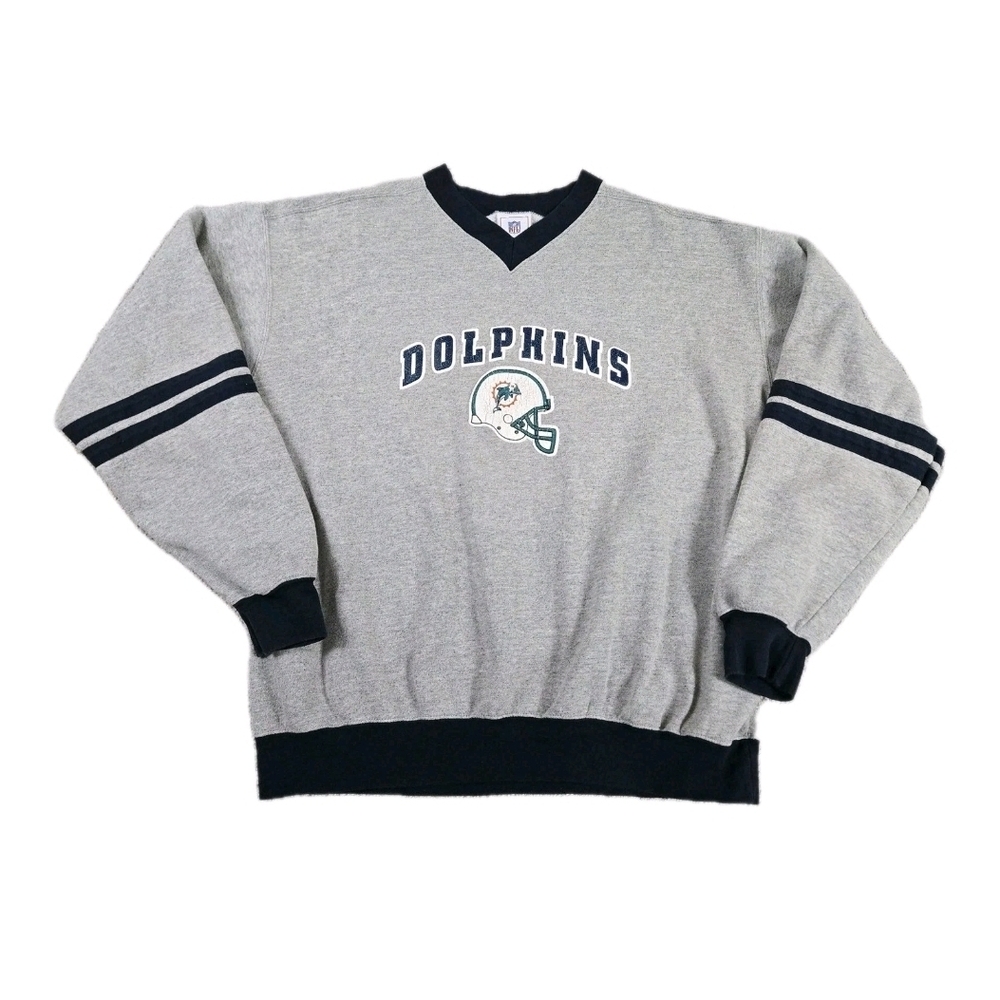 Vintage NFL Miami Dolphins Pullover V Neck Sweater Gray Stripes Mens L Grunge